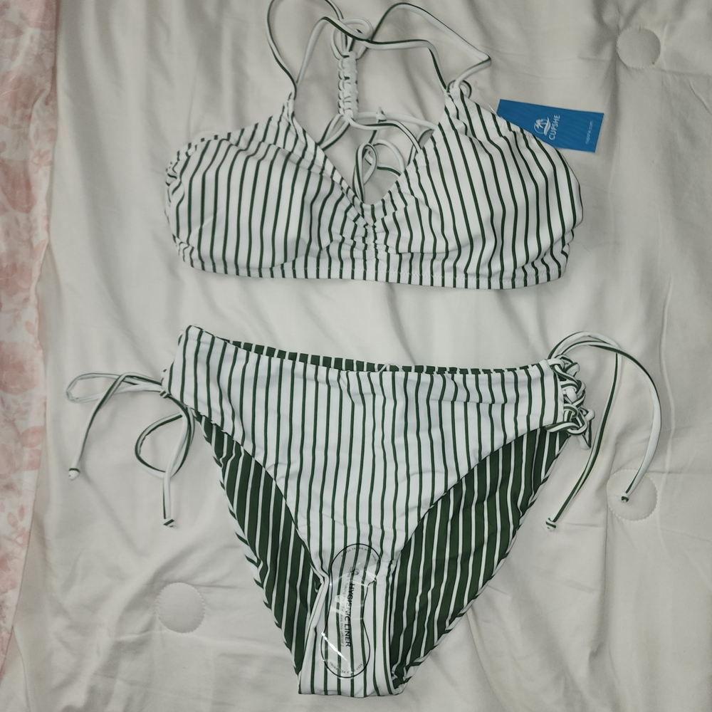 Cupshe Green and White Striped Bikini